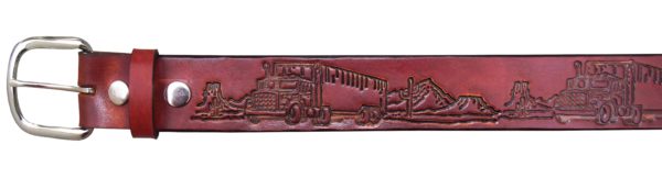 Brown Leather Belt with Truck Design <img  style="width:50px" src="https://www.aetraders.com/wp-content/uploads/2021/03/Layer-0.png">